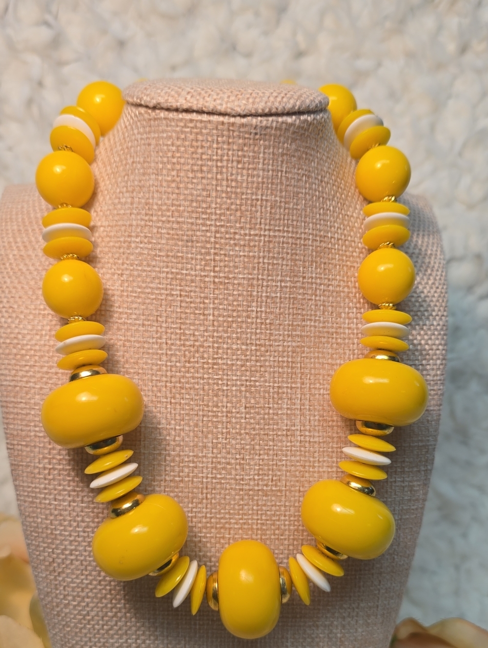 Vintage 1960s Mod Chunky Yellow & White Statement Necklace Signed Hong Kong